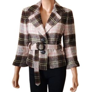 Cabi Plaid Belted Short Jacket Wool Blend Blazer 8